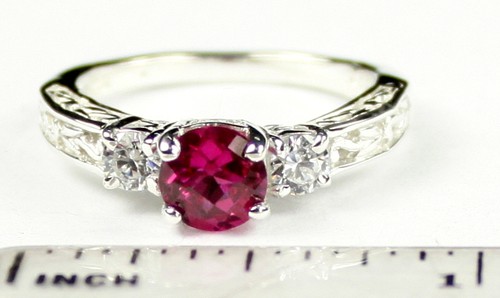 Created Ruby w/CZ Accents, 925 Sterling Silver Engagement Ring, SR254-Handmade - Picture 5 of 5