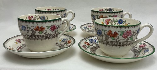 Four Sets Spode CHINESE ROSE Green Trim Cups and Saucers VGC