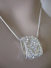Crown Trifari Necklace Silver Tone Crystal Rhinestone Rectangle Slide Pendant