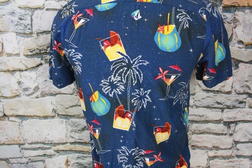 VOLCOM Mens Shirt Classic Fit Party Cocktail Motif Shirt Navy Blue Viscose Small - Picture 7 of 10