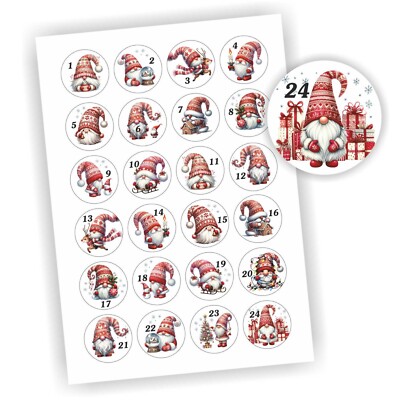 24 Aufkleber 1-24  Adventskalender Zahlen Weihnachten Sticker Wichtel Rot Nordic