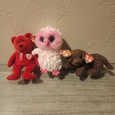 TY Beanie Babies - Secret, Fetcher and  Boos Twiggy the Pink Owl Plush- Lot of 3