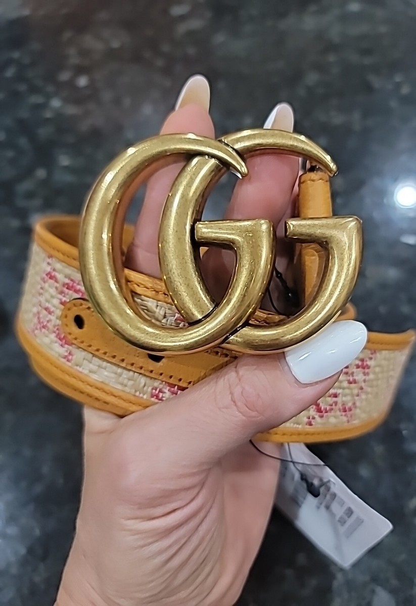 Gucci GG Marmont G Print WIDE Belt 75 30 Tan Leather Raffia Straw