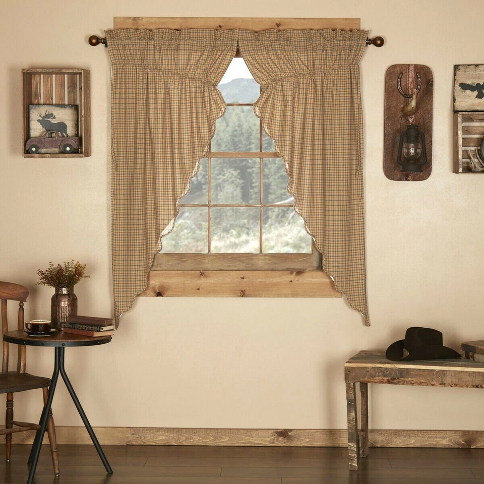 Drawstring Prairie Curtains Khaki Tan & Blue Plaid Cotton Lodge Style Millsboro - Image 3 of 3