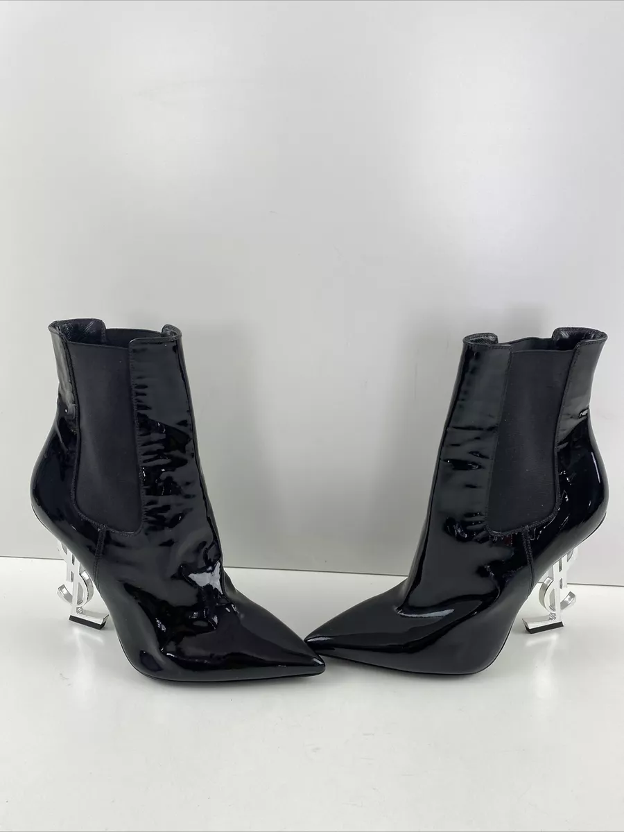 Saint Laurent OPYUM Black Patent Leather Pull On High Heel Ankle Boots Size  35.5
