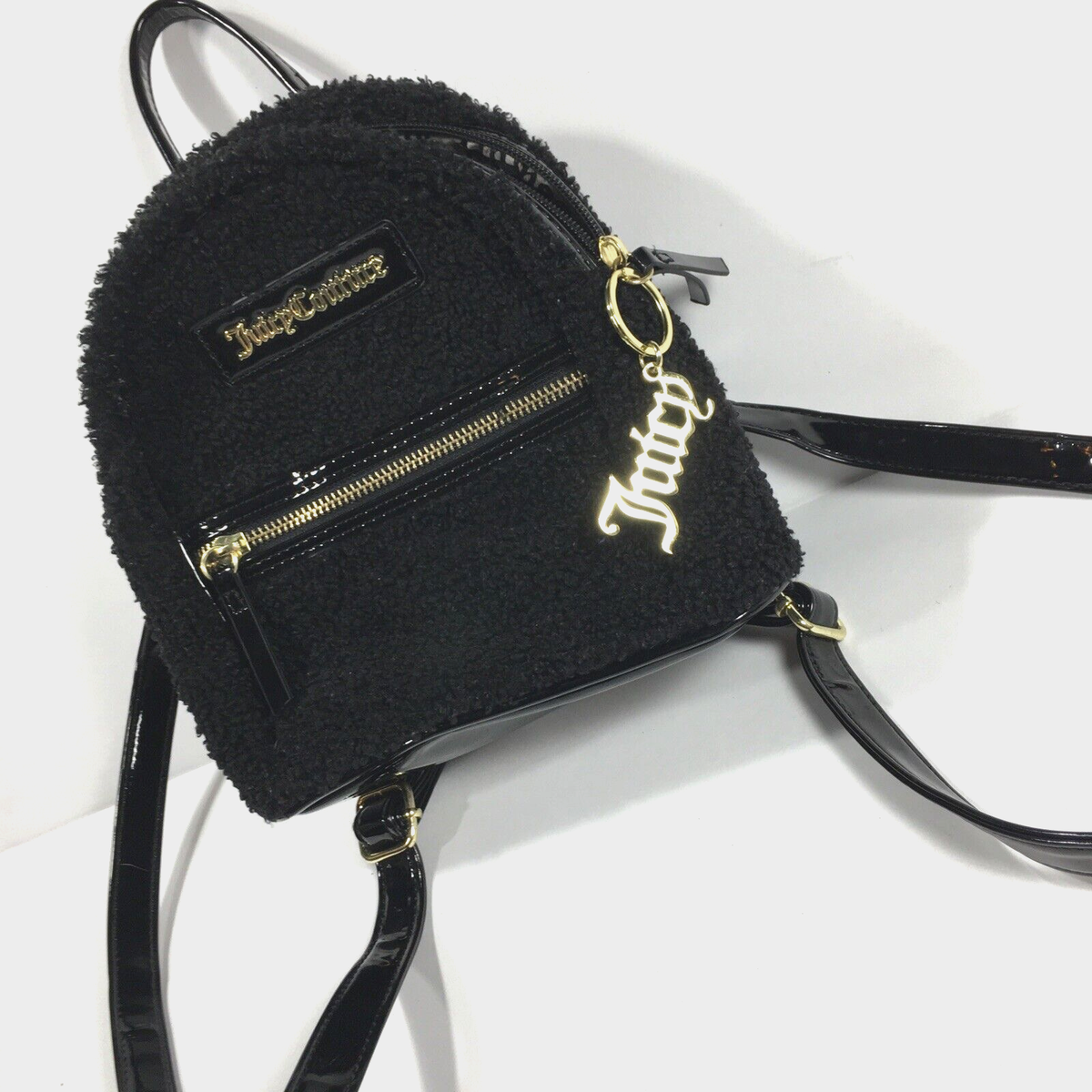 Juicy Couture BACKPACK Black Fuzzy Mini Sherpa Logo Zipper Juicy Couture BACKPACK Black Fuzzy Mini Sherpa Logo Zipper