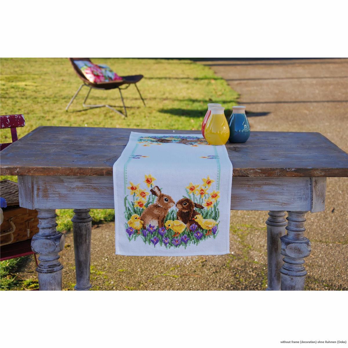 Vervaco table runner cross stitch kit ""Rabbits with chicks"", counted, DIY
