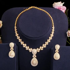 CZ Pave Dangle Drop Women Gold Necklace and Earrings Party Brides Jewelry Sets