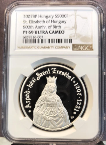 2007 HUNGARY SILVER 5000 FORINT SAINT ELIZABETH NGC PF 69 ULTRA CAMEO TOP POP