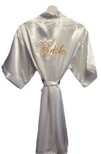 WHITE SATIN BRIDE ROBE GOLD EMBROIDERED SZ LARGE BRIDAL PRE-WEDDING