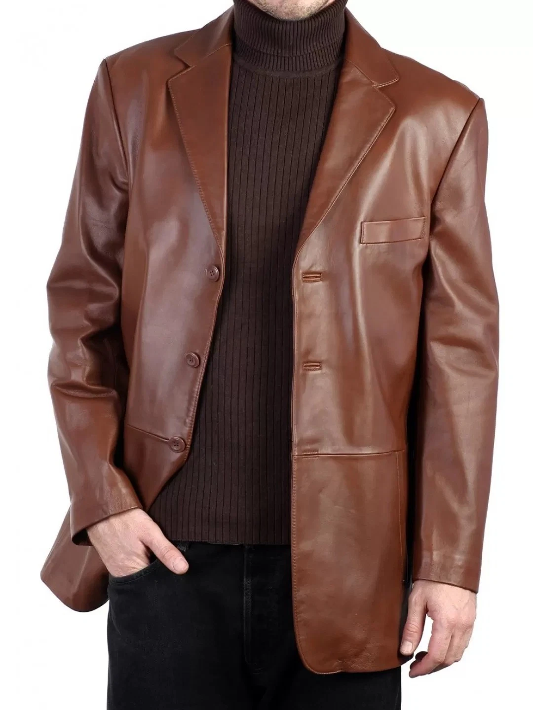 Leather Blazer Jacket Men's Coat Lambskin Soft Men Two Real Button 100% Brown 64