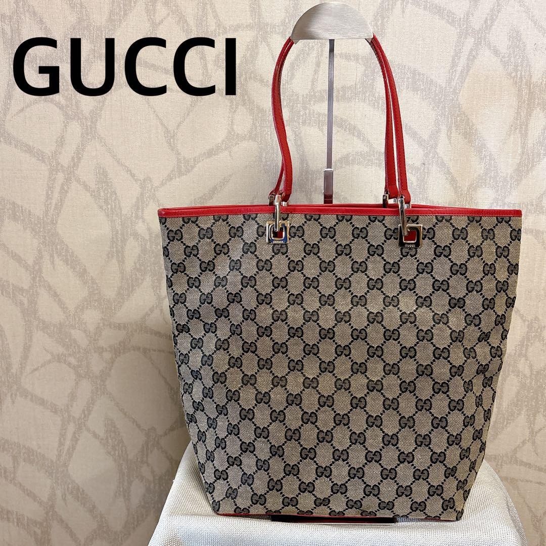 Gucci Monogram Tote Bag in Beige and Red