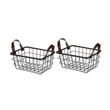 Black Wire Storage Organizer Baskets 2-Pack, Faux Leather Handles Multi-Size