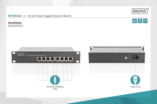 DIGITUS Gigabit Ethernet Netzwerk-Switch - 10 Zoll - 8 Ports - Unmanaged - Backp - 第 4/7 張圖片