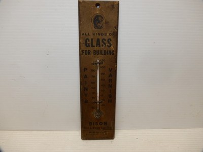 ANTIQUE ADVERTISING WOOD THERMOMETER BISON GLASS PAINT VARNISH CO.  BUFFALO NY
