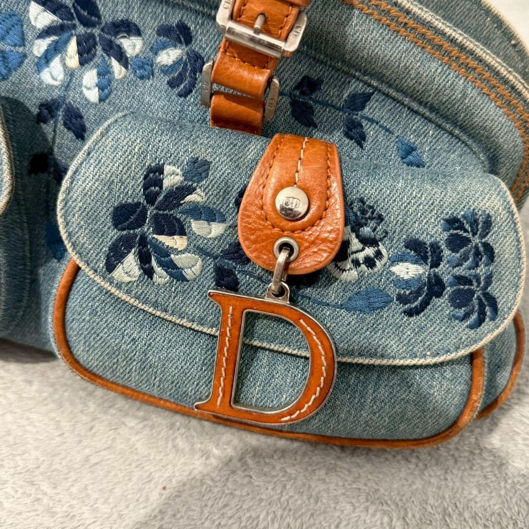 Christian Dior CD Logo Floral Hand Bag Denim Leather Japan F