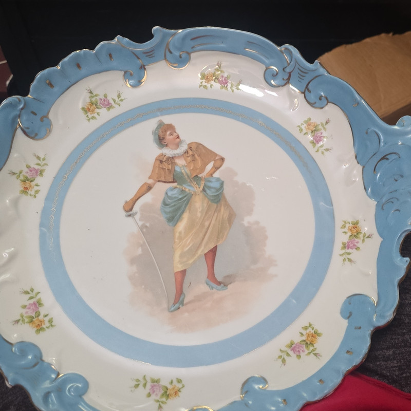 Antique Altrohla Austria Porcelain Portrait Plate Charger Podr Blue Scrolled Rim