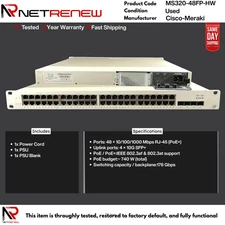 Cisco Meraki MS320-48FP-HW 48x 1GB PoE+ RJ-45 4x 10GB SFP+ Unclaimed Switch
