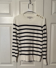 LOFT Ivory White  Navy Blue Striped Button Shoulder Sweater  Size SMALL  NEW 