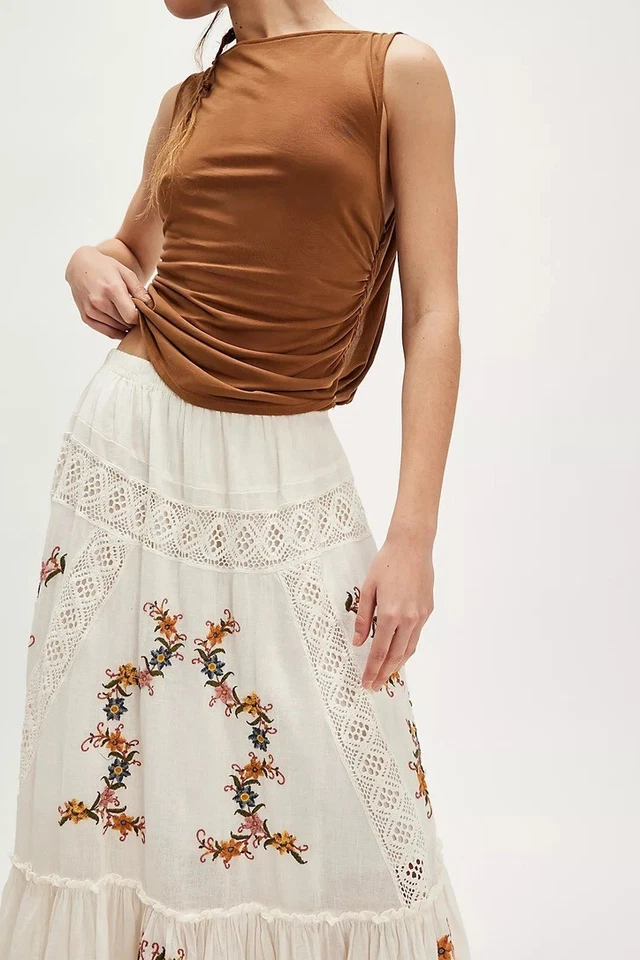 Free People Paradiso Maxi Skirt Tiered Embroidered Floral Lace Snow White XS NEW - Image 2 of 4