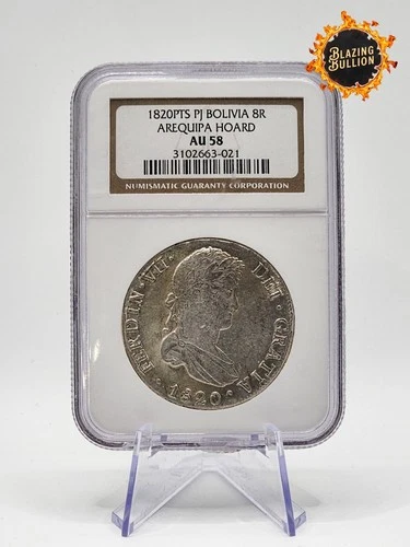 1820 PTS PJ Silver Bolivia 8 Reales Ferdinand Coin NGC AU 58 (D021X)