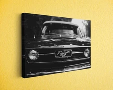 Classic Mustang Car Canvas Print, Black and White Retro Auto Wall Art for Garage