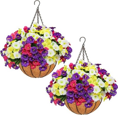 2 Set Artificial Hanging Flowers with Basket for Outdoor Spring Summer