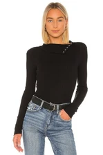 ENZA COSTA Brushed Rib Split Collar Long Sleeve Top Black M $165 D1 213