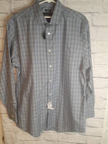 Kenneth Cole Shirt Men Blue Plaid Striped Long Sleeve Slim Fit Sz 16.5 32/33