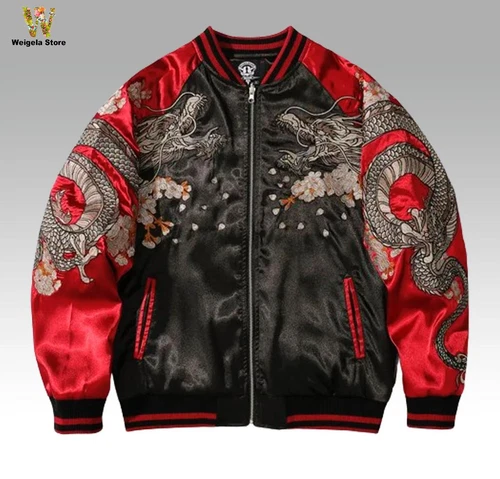 Mens Bomber Japanese Pattern Embroidery Dragon Tattoo Sukajan Fashion Jacket - Picture 2 of 13