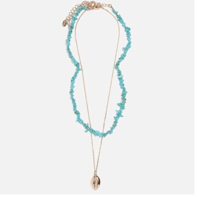 Turquoise Seashell Double Layered Long Boho Gold Statement Necklace