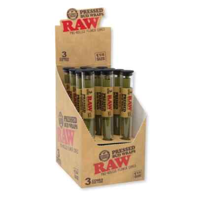 RAW Pressed Bud Wrap Pre-Rolled 1 1/4 Cones, 3 Cones Per Pack, Full Box(12Packs)