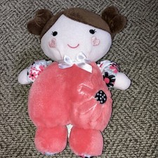 Baby Starters Doll Rattle Plush, Pigtails Brunette Brown Hair. Love and Flowers