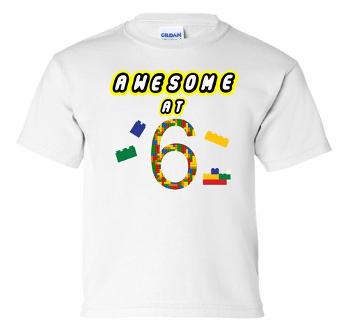 Awesome at 6, 6th Birthday Boy Girl Shirt Building Block Construction T-Shirt - Picture 7 of 8