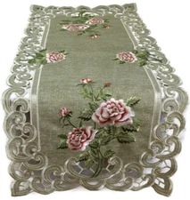 Doily Boutique Table Runner, Doily, Mantel Scarf with Pink Rose on Green Burlap