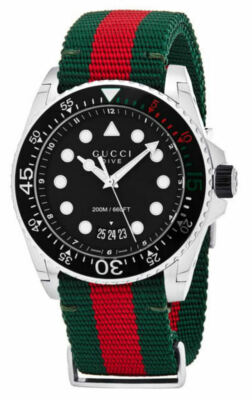 Gucci Dive 45mm Black Matte Dial Green Red Web Nylon Watch