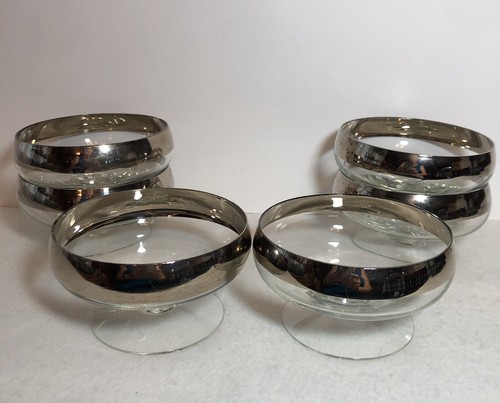 MCM Dorothy Thorpe? Clear Glass Berry Bowls Silver Band Footed Compotes Set of 6 - Picture 2 of 7