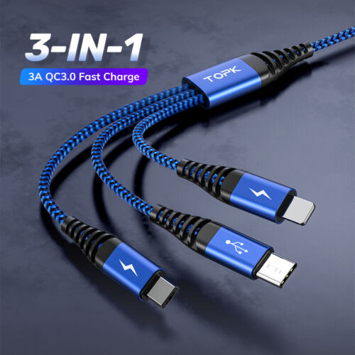 3 in 1 Fast Charging 3A USB Cable Charger Phone Type-C Micro USB iOS ALL Phones - Picture 1 of 15