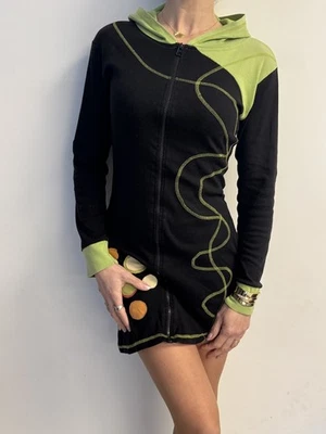Robe sweat Y2K zippée JASHU à capuche Nepal coton noir vert ethnic boho chic (M) - Photo 1/4