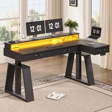 59" L Shaped Electric Standing Desk with Drawers, Adjustable Executive Desk