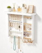 Hanging Jewelry Organzier, Wall Mounted Wooden Jewelry Holder-White