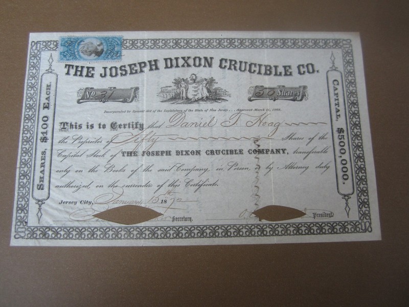 1872 - The JOSEPH DIXON CRUCIBLE COMPANY - Stock Certificate - REVENUE STAMP
