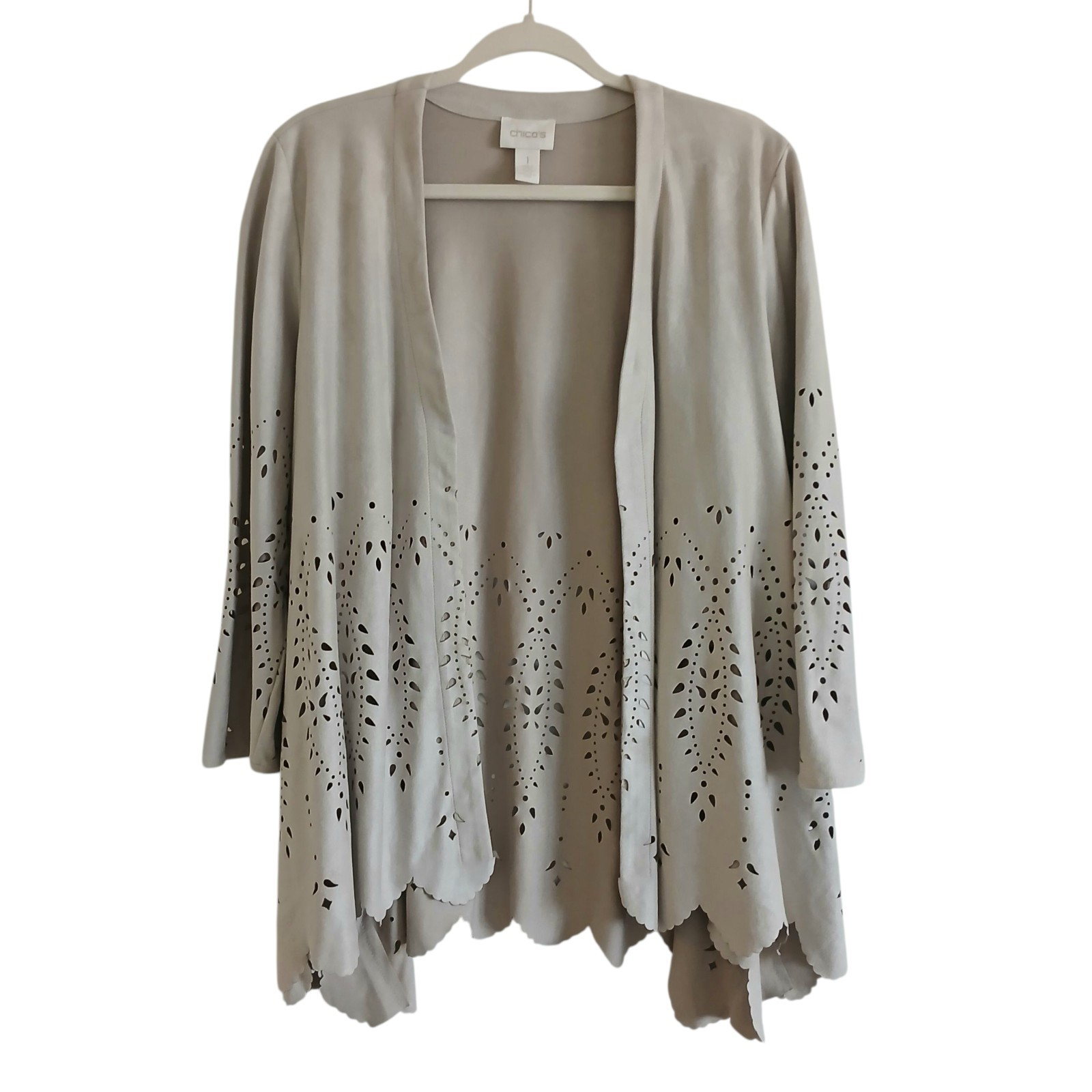 Chico's Western Faux Suede Cardigan Women’s M Cream Laser Cut Stretch Cowgirl