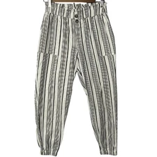 REWASH Pants Women Small Linen Rayon Tapered Leg Striped Smocked Waist AOP Boho