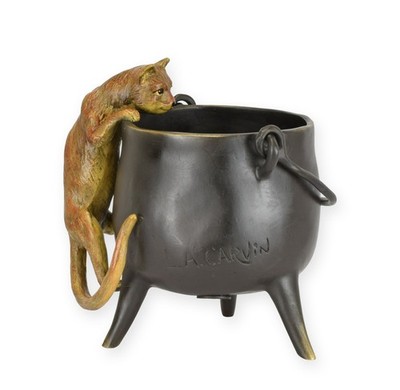 Bronzeskulptur Katze und Topf nach Carvin Replikat Retro Design Dekoration