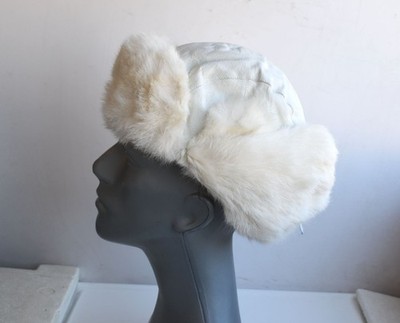 Terranova Size 56 Trapper Hat Ushanka Real White Rabbit Fur Genuine Leather