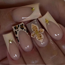 Leopard Print French Tip Press on Nails Medium Square Shaped False Nails with...