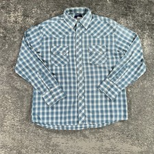 Wrangler Western Shirt Mens Large L Blue Plaid Check Pearl Snap Sawtooth Pockets