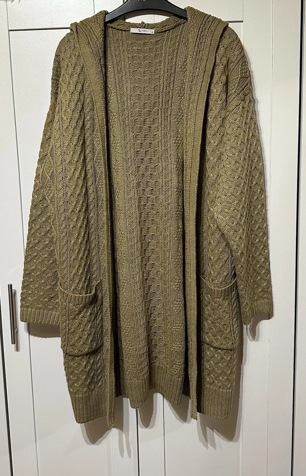 TU SIZE 14 - CHUNKY KNIT HOODED LONG CABLE CARDIGAN - OLIVE MUSTARD GREEN NEW - Image 3 of 4