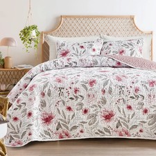 Botanical Quilt Set King Size 3 Pieces, Blush Pink and Grey Flowers Printed E
